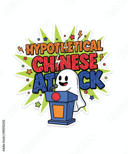 Cartoon ghost giving a speech on a blue podium with stars and lightning bolts, concept for politics and hypothetical discussions