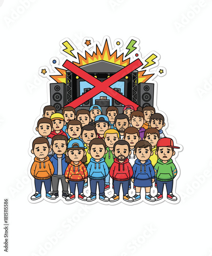 Illustration of a cancelled concert with a crowd of people, a stage, and loudspeakers