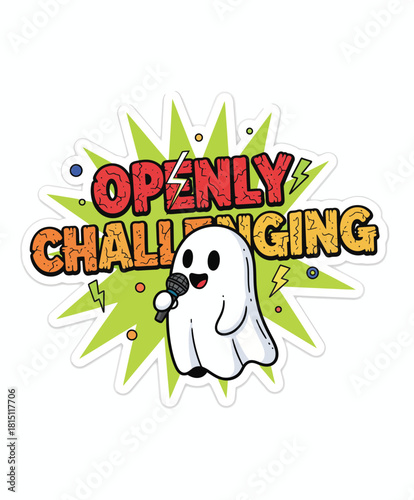 Illustration of a ghost holding a microphone with a speech bubble, expressing a bold concept.