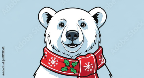 Vector portrait of a cute polar bear wearing a Christmas scarf.