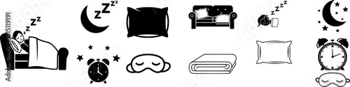 set of Napping Icons Set. Outline icon set of napping: couch, sleeping person, Zzz, pillow, blanket, moon, stars, alarm clock, sleep mask
