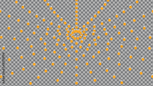 Abstract radial pattern of small yellow string light on a transparent checkerboard background