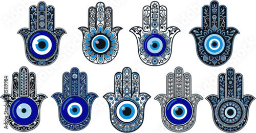 Set of mystical hamsa. Collection of different amulet blue evil eye or Turkish eye. Modern amulet for protection. Spirituality sign.

