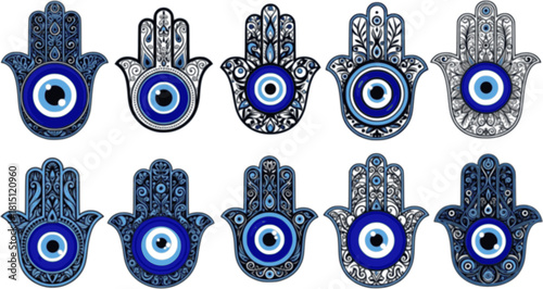 Set of mystical hamsa. Collection of different amulet blue evil eye or Turkish eye. Modern amulet for protection. Spirituality sign.
