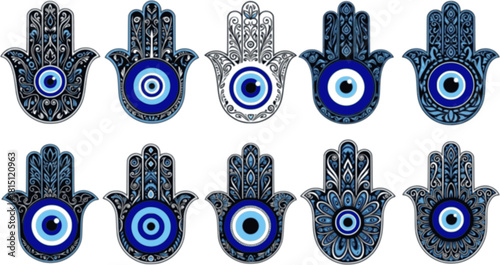 Set of mystical hamsa. Collection of different amulet blue evil eye or Turkish eye. Modern amulet for protection. Spirituality sign.
