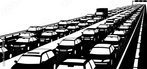 Black and White Illustration of Rush Hour Traffic Jam on Busy Freeway with Cars
