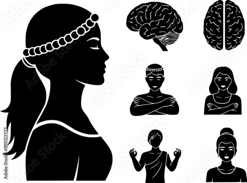 Mental Health & Wellness Icons Silhouette - Therapy, Brain, Meditation Black Vector Set for Psychological Support
