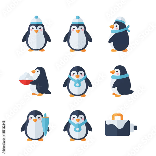 Collection of Adorable Penguin Characters in Various Poses and Outfits.
