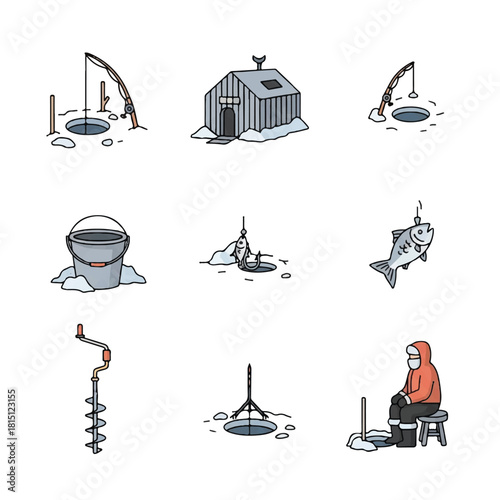 Ice Fishing Icons Gear Shelter and Angler Illustration.