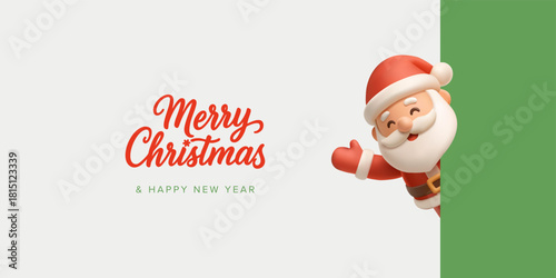 Cheerful 3D Santa Claus character looking out from behind a green background, showing Merry Christmas greetings or discount. For Christmas, New Year greetings. Vector illustration.