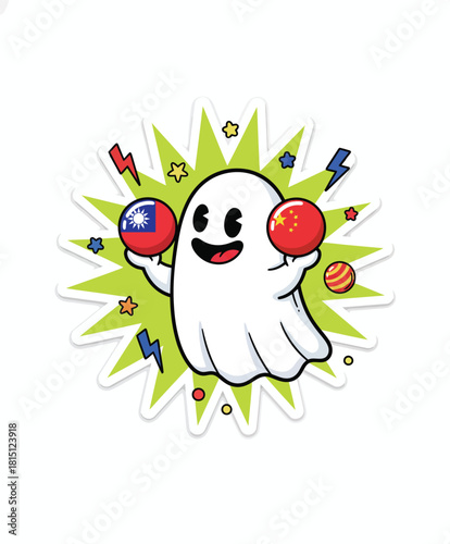 Cartoon ghost juggling Taiwan and China flag spheres, a playful representation of diplomacy and cultural exchange.