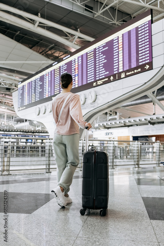 Young woman with suitcase stands in airport terminal, gazing at flight information display board, surrounded by modern architecture and travel atmosphere, ready for her journey