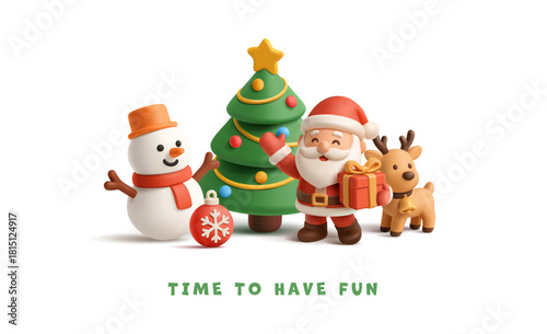 Winter Christmas scene with 3D cheerful character of Santa, snowman, deer, Christmas tree, Christmas tree toy. Time to have fun. Vector illustration.