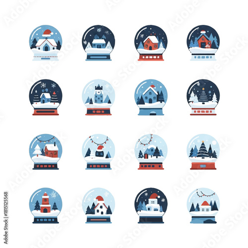 Collection of Charming Snow Globe Illustrations with Winter Scenes.