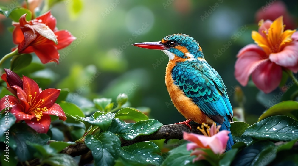 Obraz premium Common Kingfisher Perched on Branch with Red Flowers