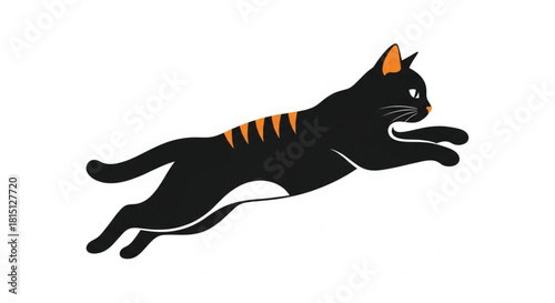 A black cat with orange stripes leaping forward, depicted in a stylized vector illustration.
