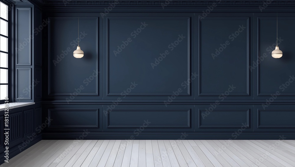 Fototapeta premium Empty luxury room interior with wall moulding design on white wooden floor. 3D rendering