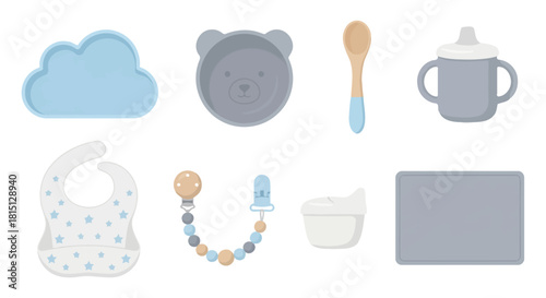 A collection of modern baby care essentials for feeding and teething, including a bib, plate, and sippy cup vector set