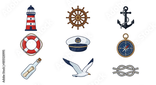 Nautical symbols for marine and travel themes lighthouse, ship wheel, anchor, lifebuoy, captain's hat, seagull, message in a bottle, compass, and knot