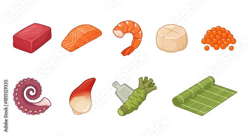 A collection of assorted fresh seafood ingredients for preparing traditional Japanese sushi, including tuna, salmon, shrimp, and octopus
