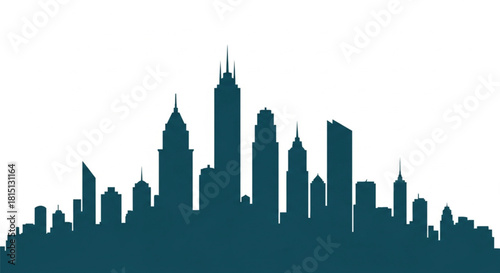 Dark blue silhouette of a city skyline with various skyscrapers against a white background, showcasing urban architecture.