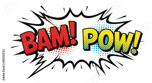 Comic book-style illustration of 'BAM! POW!' speech bubble with vibrant colors and dynamic lines on a white background.