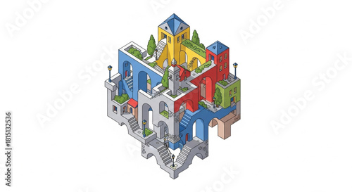 An impossible architectural structure with interconnected staircases and vibrant colors.