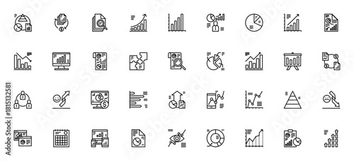 Business Charts and Diagrams icon set. Minimal linea vector icons pack. Includs symbols for analytics, satistics, growth, pie char, bar chart, pyramid, presntation and more. Editablestroke.