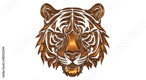 Close-up of a stylized tiger head with orange and white patterns on a clean white background.