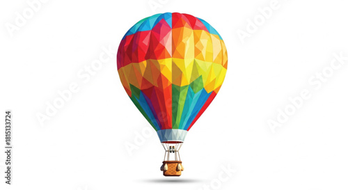 A colorful hot air balloon with a geometric pattern floats against a clean white background.