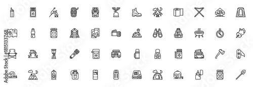 Camping icon set. Vector outdoor icons collection. Icludes symbols for tent, bckpack, torch, compass, fist aid kit, camper van, sleping bag and more.