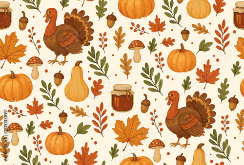 Thanksgiving seamless pattern with turkey, autumn leaves, pumpinks, squash, mushrooms, and apple jam. Fall themed pattern background illustration