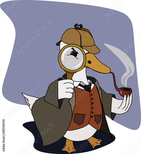 Digital vector sketch of goose detective in Sherlock Holmes suite and with magnifier glass and smoking pipe