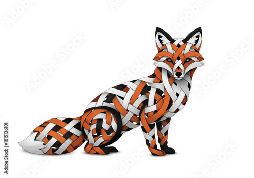 A colorful, intricately designed fox sculpture made of interwoven orange, black, and white strips, standing against a clean white background with a striking appearance.