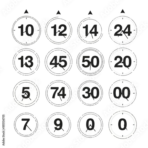 Collection of Timers Displaying Various Numbers in a Grid Pattern.