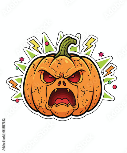Angry Halloween pumpkin cartoon with explosive effects on white background.