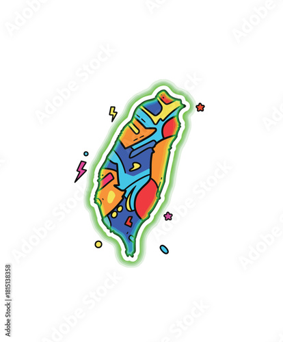 Stylized illustration of a geographical shape with abstract colorful map design.