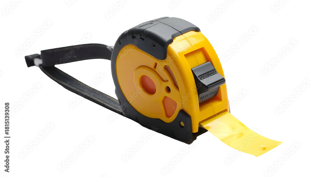 Fototapeta premium Yellow and black measuring tape tool on dark background