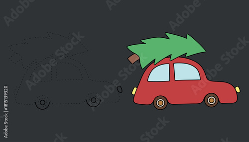 Car with christmas tree holiday coloring page for kids. Car with christmas tree holiday winter season illustration. Christmas holiday worksheets printable.