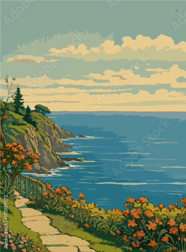 Coastal cliffs overlooking calm blue ocean