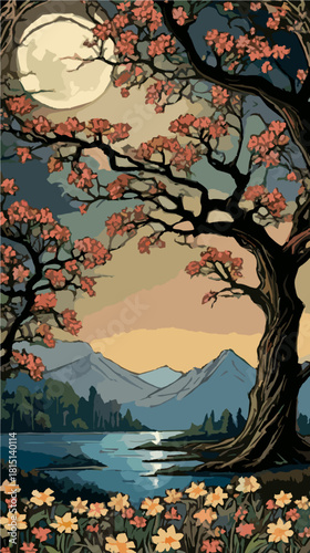 Moonlit tree overlooking calm ocean