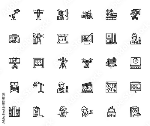 Video Production icon set. Vector illustration pack.Includes symbols for camer, drone, film editing, dirctor, script, actor, lightng, sound equipment and moe.