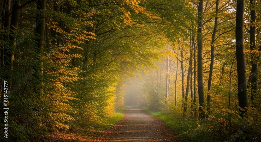 Obraz premium Sunlight Serenade: A Path Through Autumnal Woodland Scenery Landscape
