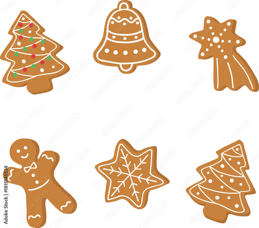 Fototapeta premium Set of vector images of Christmas cookies in the form of New Year trees, gingerbread men, stars and a bell on a white background.