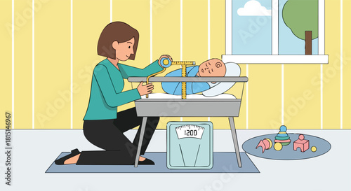 A mother or nurse measures the length of a newborn baby lying on a portable scale and measurement station.