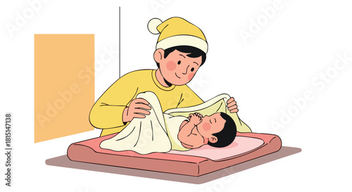 A cheerful parent changes or gently swaddles their content newborn baby on a changing pad.