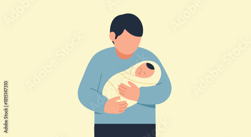 A tender parent holds their swaddled newborn baby close, providing comfort and security.