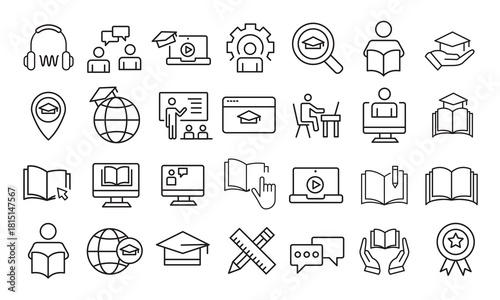 Online Education and Webinar Outline Icons Set,E-Learning, Seminar, and Webinar Editable Stroke Icon Collection