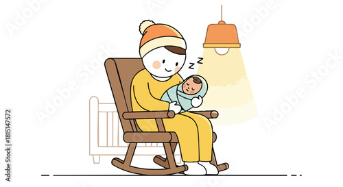 A cozy parent wearing a beanie rocks their peacefully sleeping newborn baby in a wooden rocking chair under a warm lamp.