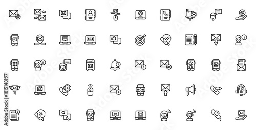 Contact Us icon set. Vector illustration. Includes smbols for email, phone, latop, customer service, suport, call center, mail, comunication and more.